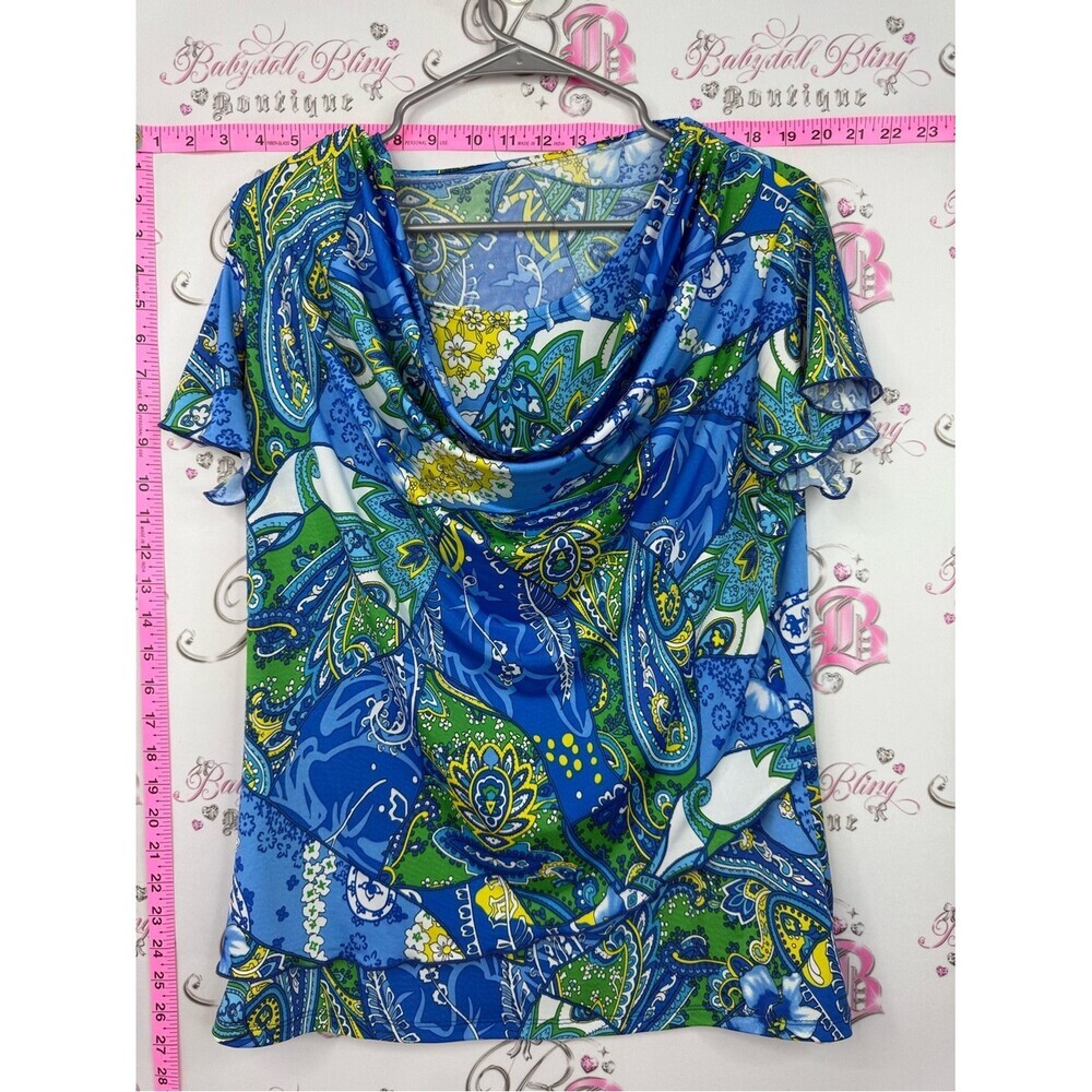 Tshirt flowy Blue & Green Paisley Cowl Neck Women’s Top